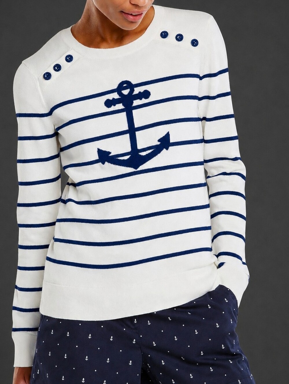 Nautica Women's Long Sleeve Striped Crewneck Sweater White navy NEW Retails $88